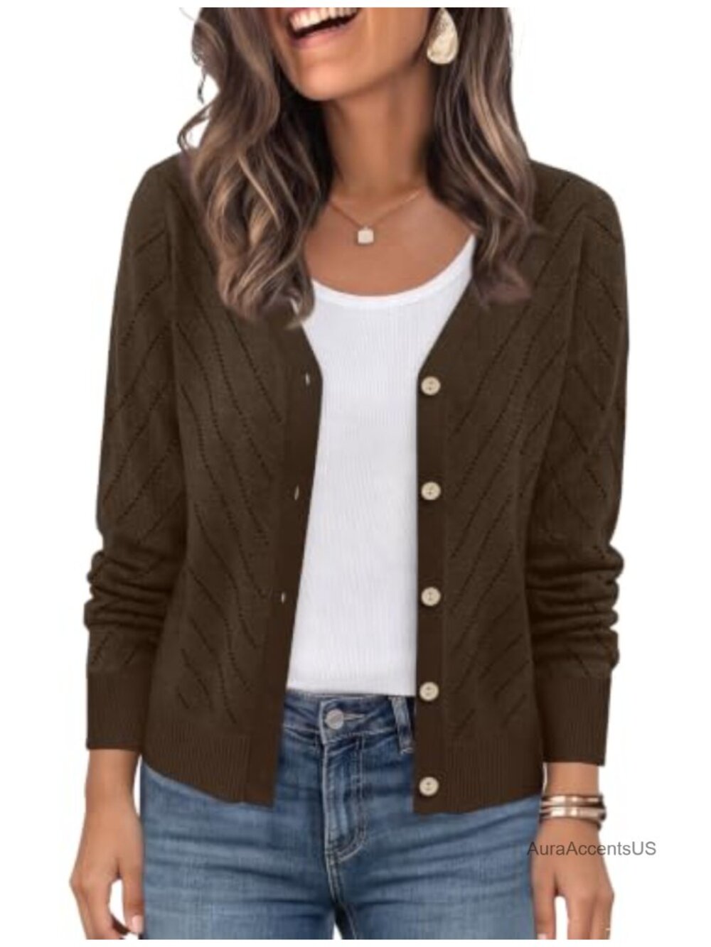 Women's Lightweight Long Sleeve V-Neck Cardigan Sweater with Hollow-Out Knit